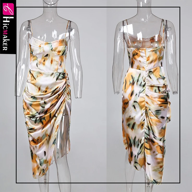 Abstract Print Spaghetti Strap High Slit Ruched Dress Women Stretch Sleeveless Sexy & Club Night Out Party Dress