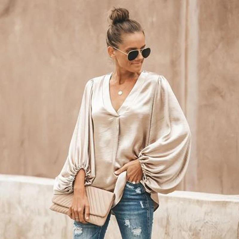 Блузка Женская Весенняя офисная с V-образным вырезом и рукавами-фонариками