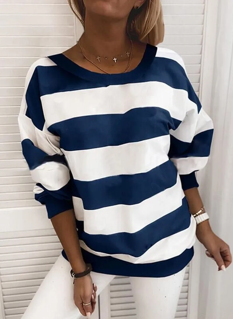 

Women Horizontal Stripes Pullover Top Fashion Casual Long Sleeve Round Neck Sweatshirts Autumn Winter Loose Clothing For Women