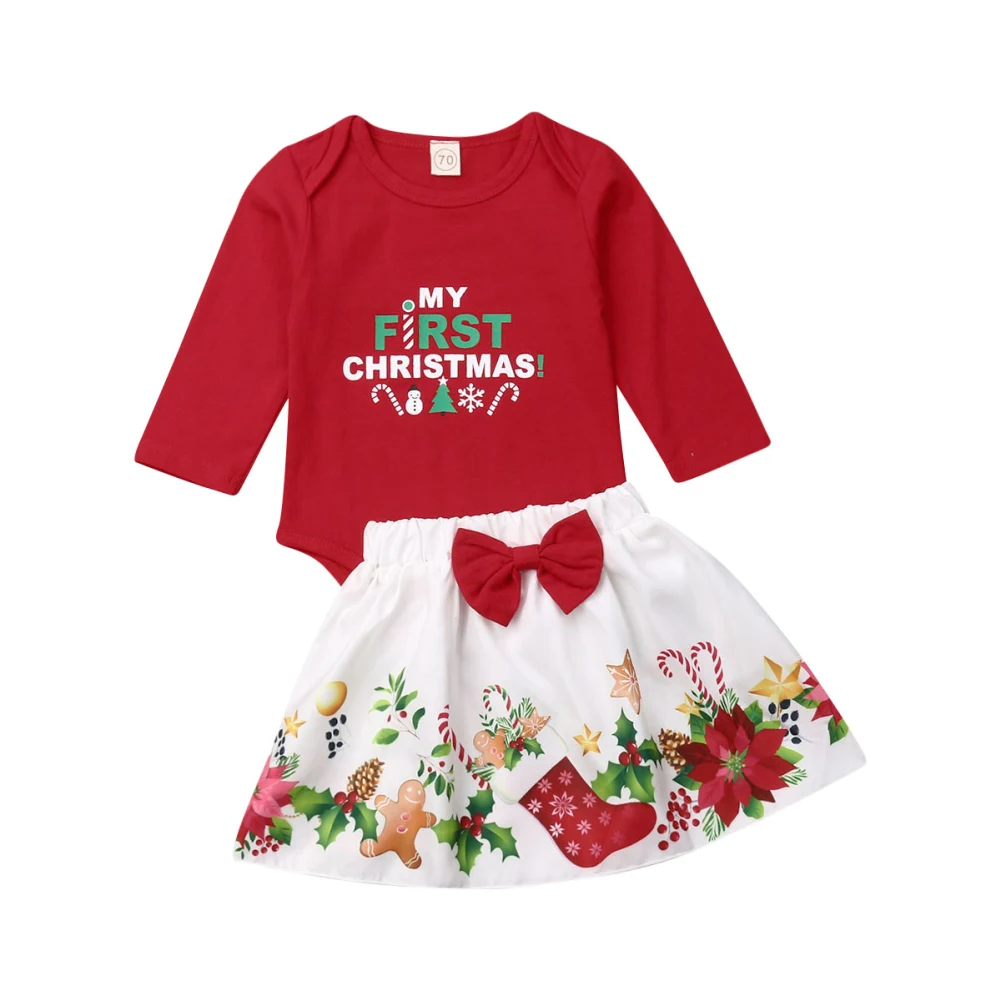 Рождественское боди с длинными рукавами для новорожденных девочек с надписью «My 1St Christmas»+ юбка с бантом, комплект одежды