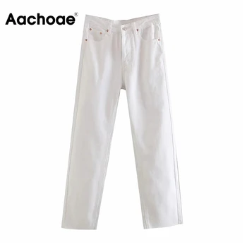 

2020 Streetwear White Jeans Women High Waist Long Denim Trousers Female Solid Casual Straight Cowboy Pants Pockets Mom Jeans