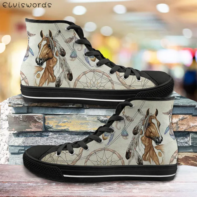 ELVISWORDS 3D Painting Horse Black High Top Women Casual Canvas Shoes Womens Vulcanize Flats Shoes Spring Woman Girls Sneakers Gold