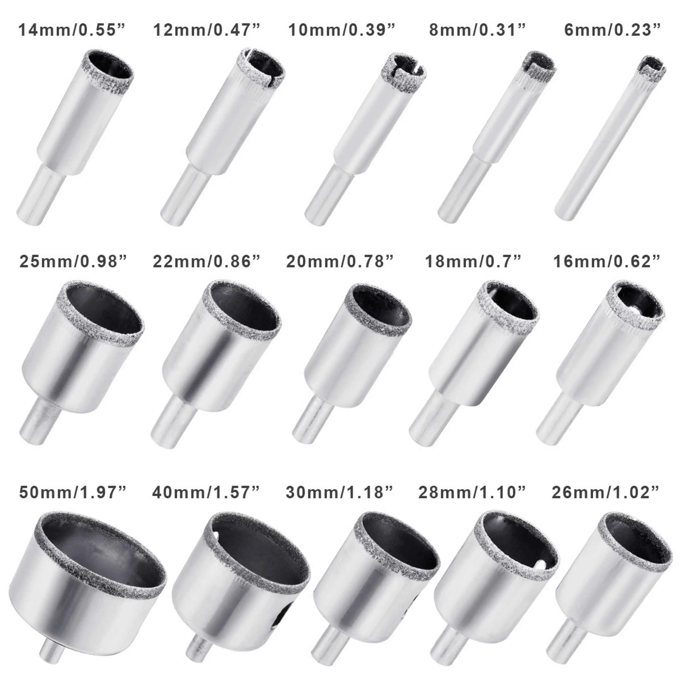 15pcs Diamond Coated Drill Bit Set Tile Marble Glass Ceramic Hole Saw Drilling Bits For Power Tools 6mm-50mm