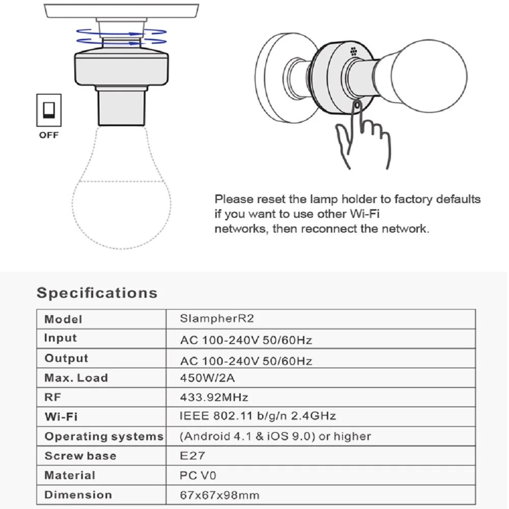 SONOFF Slampher E27 лампа/светильник/держатель лампы 433 МГц RF/wifi/APP eWelink пульт дистанционного управления умная Поддержка Google домашняя Автоматизация Alexa