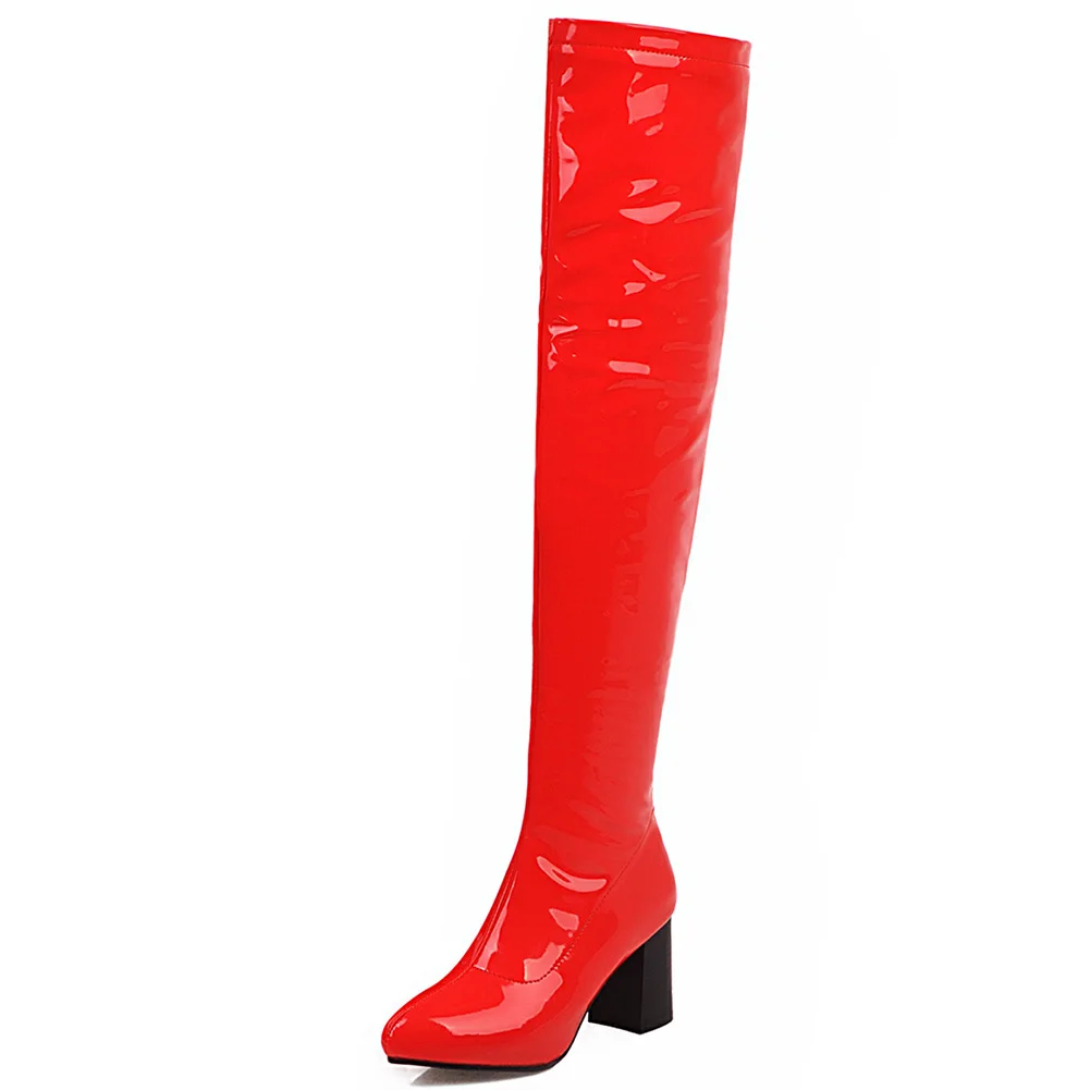 Сапоги выше колена ярких цветов; качественные высокие сапоги из искусственной кожи; женская обувь на квадратном каблуке на молнии; большие размеры 34-48 - Цвет: Красный