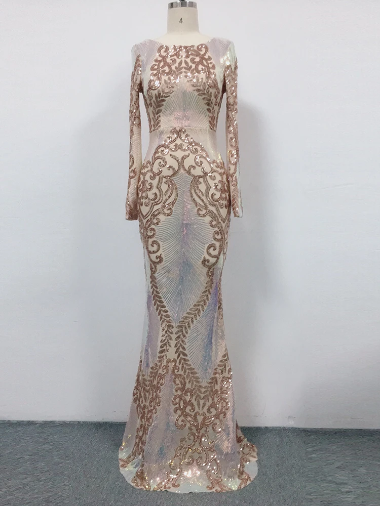 O-neck Long-Sleeve Shinning Sequins Evening Dresses Sexy Backless Mermaid Party Gowns Maxi Elegant Multi Female Robes vestidos