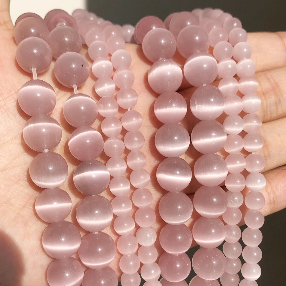 Bracelet perle 10 mm pink œil de chat rond pierre naturelle
