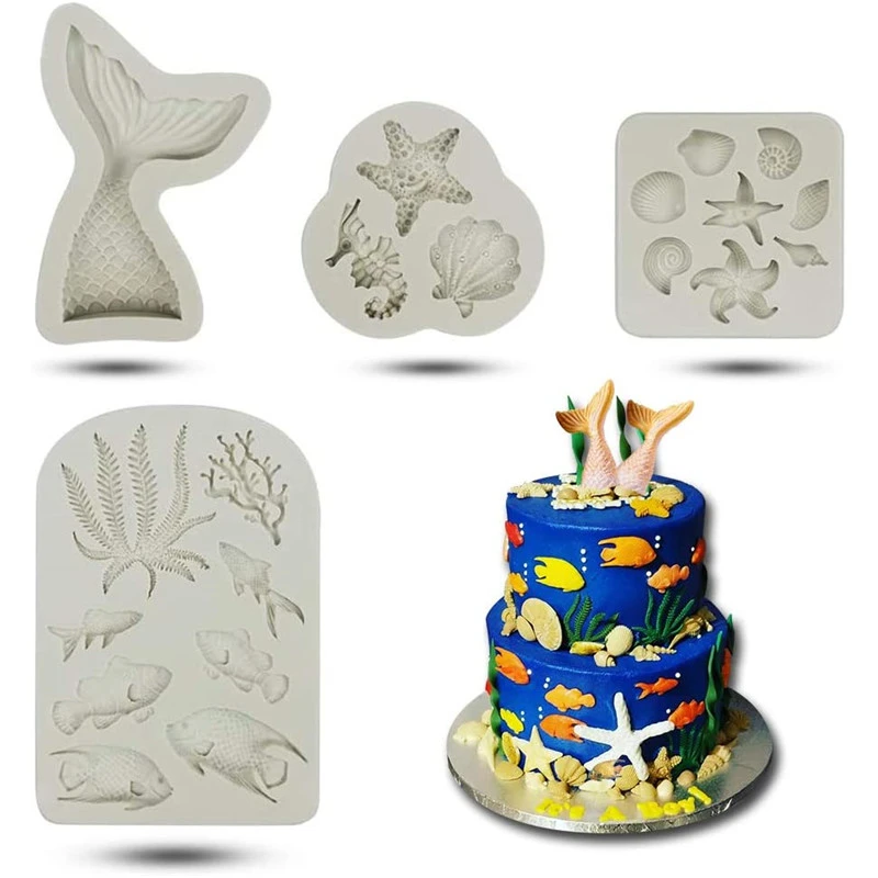 4 Pieces Under The Sea Cake Decorations Mermaid Tail Seashell Seahorse Seaweed Fish Starfish Coral Conch Silicone Mold Cake Tools Aliexpress