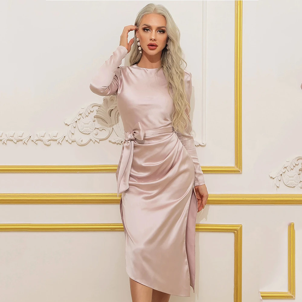 

Pink Tea Length Bow Cocktail Dresses Elegant Satin Pleated Long Sleeve Prom Party Gowns For Woman Luxury Mermaid Pretty Dress