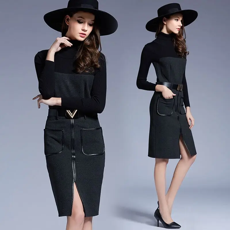 

2018 Spring And Autumn New Style Europe And America High-End Joint Woolen Skirt High Collar Mid-length Waist Hugging Slimming Dr