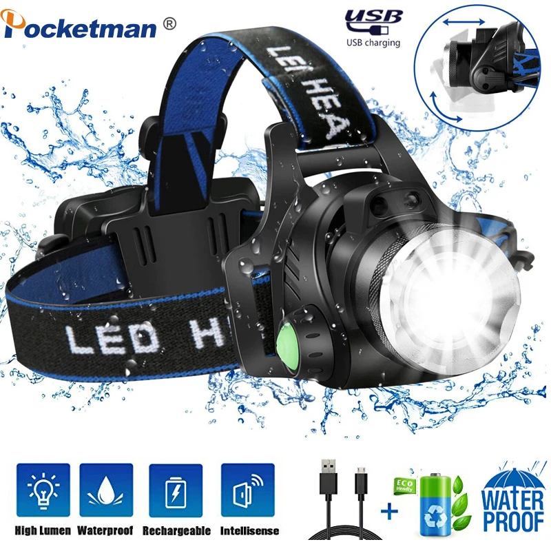 

Powerfull Headlamp 6000lumens T6/L2 Rechargeable Headlight Waterproof Zoomable 3Mode Head Torch by 18650 battery for hiking