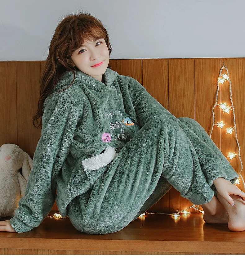 Осень-зима, Коралловая пижама с длинными волосами для девочек, Толстая теплая фланелевая домашняя одежда в южнокорейском стиле с милым рисунком
