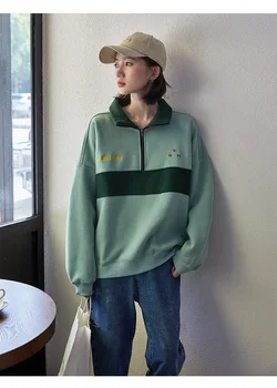 

Simple Hong Kong Style Retro Half Zipper Sweatshirt Women Hit Color Matching Letter Embroidery Pullover Hoodie Shirt 2020 Spring