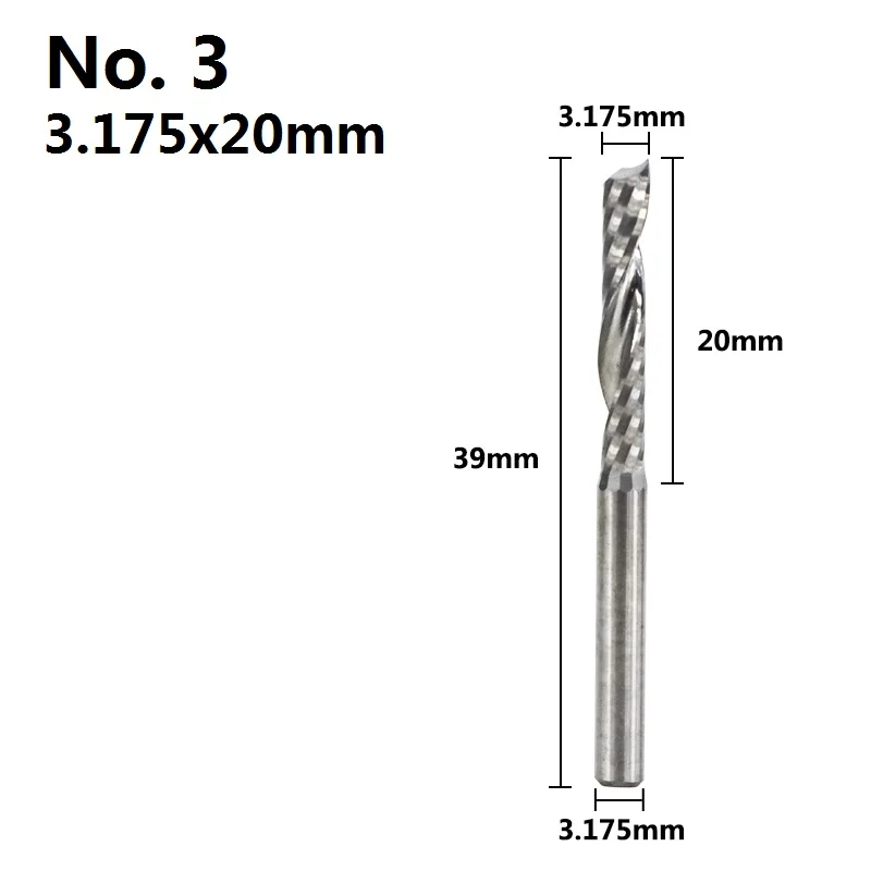 10 шт. 3,175 мм хвостовик 1 Флейта концевая фреза 17 20 22 мм длина резки ЧПУ фреза спиральная Концевая фреза - Длина режущей кромки: 10pcs 3.175mmX20mm