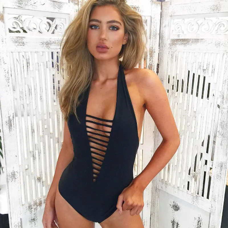 

Monokini 2020 New Women One Piece Deep V neck Bandage Backless Bikini Push-up Padded Swimsuit Swimwear Bathing Suit Black Red