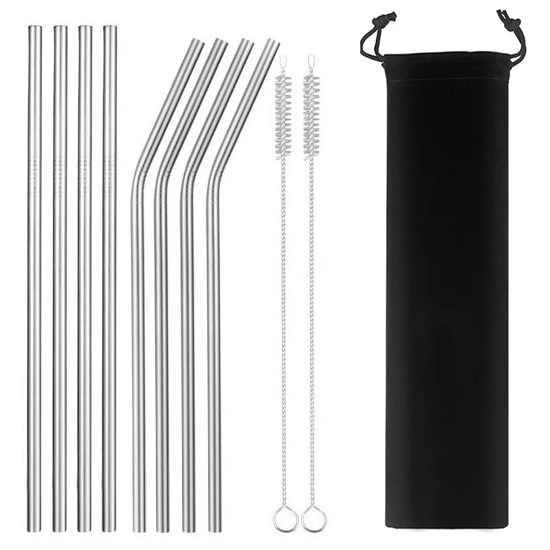 Металлические соломинки из нержавеющей стали соломинки многократного использования 8 Набор прямой 4 изогнутые 2 щетки, 6 мм Диаметр 215 мм длинный, серебряный/золотой - Цвет: Sliver 8pcs