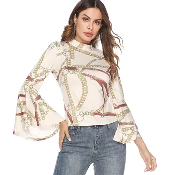 

2019 Autumn Streetwear New T-shirt Turtleneck Chain Print Flare Long Sleeve Backless Sexy Shirt for Women