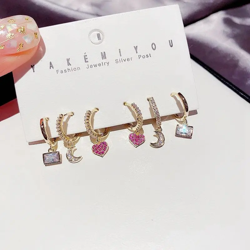 New Korean Style Inlaid With Shining Square Zircon Moon Earrings Heart Drop Earrings Set 6Pcs Romantic Women Exquisite Jewelry