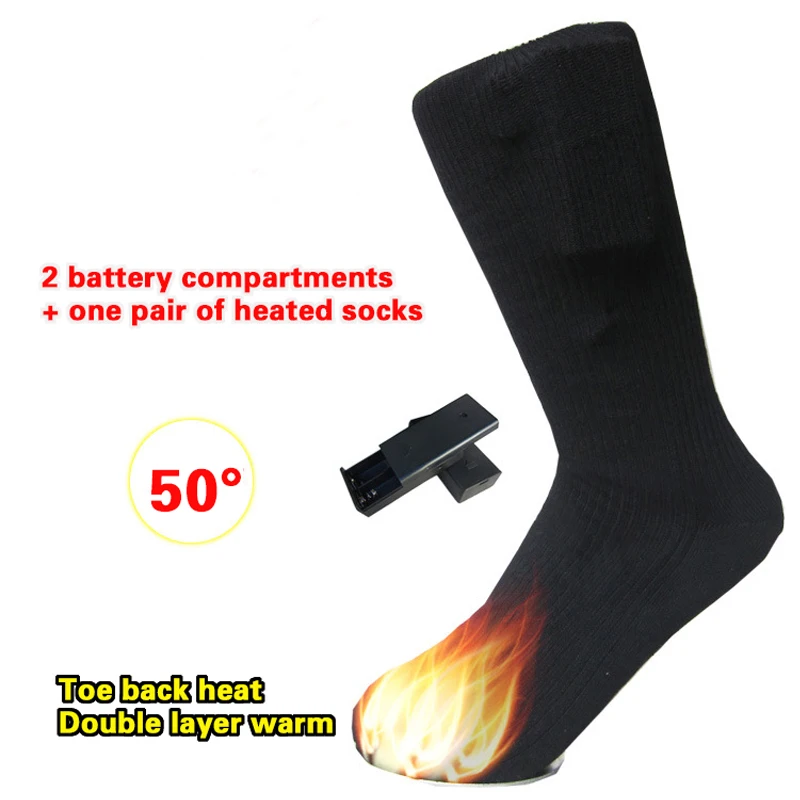 Зимние электрические носки с батарейным боксом, теплые носки, мужские носки из чистого хлопка, зимние двойные тканевые носки