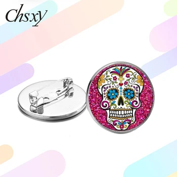 

CHSXY Mexican Sugar Skull Brooches Day of the Dead Jewelry Punk Hippie Colorful Printed Glass Cabochon Lapel Pins Halloween Gift