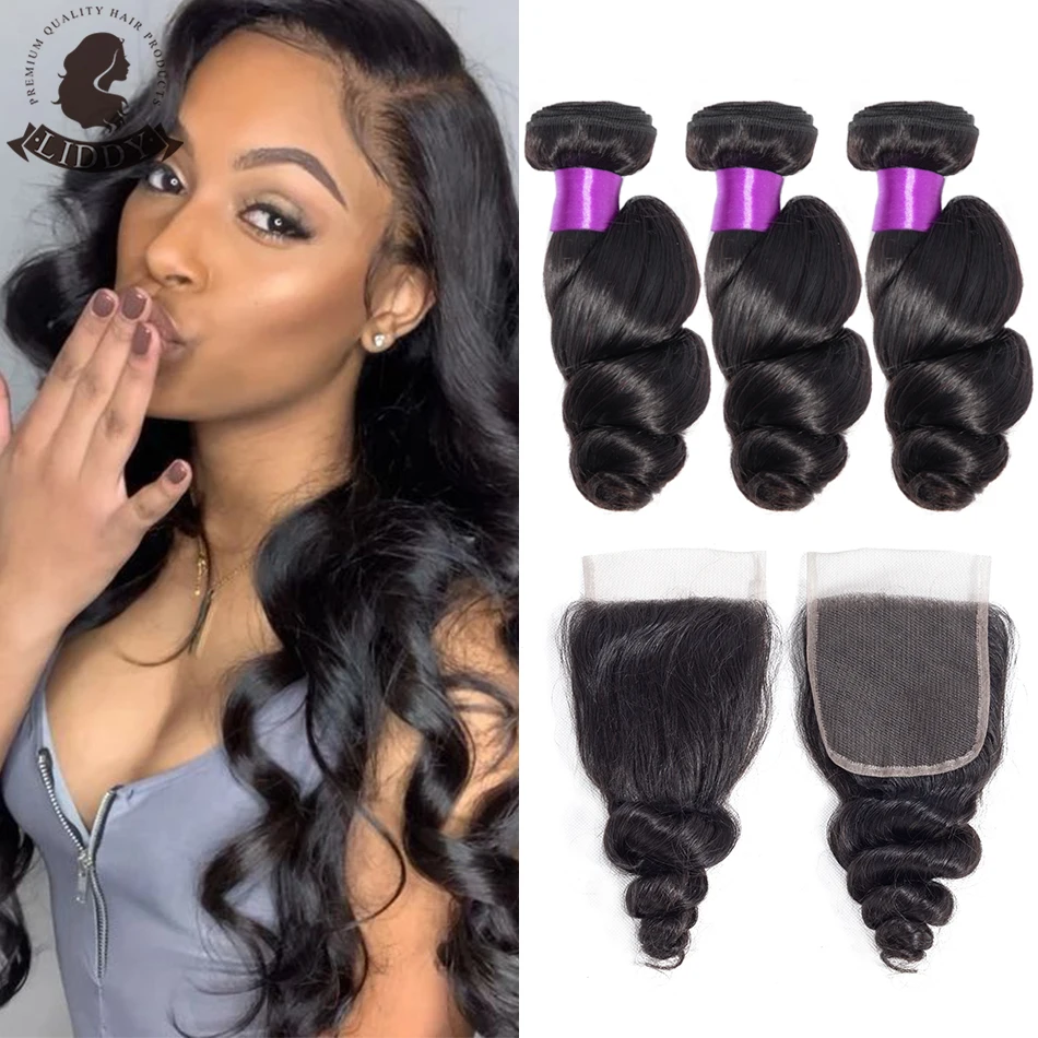 

Liddy Bundles With Closure Brazilian Loose Wave Hair Bundles With Closure 100% Human Hair Natural Color Non-remy Hair Extensions