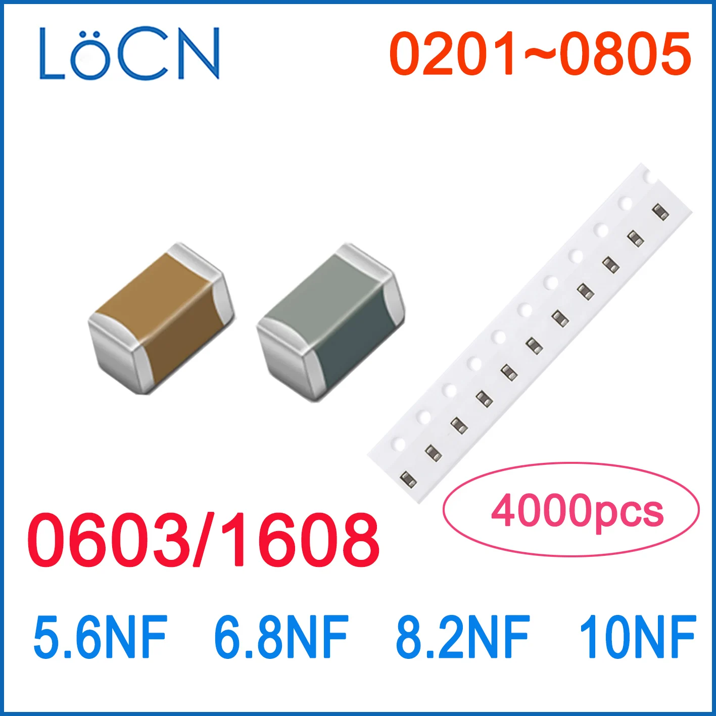 

4000PCS SMD 0603 1608 X7R 5.6NF 6.8NF 8.2NF 10NF RoHS 16V 25V 50V 10% Capacitor High Quality