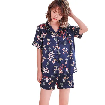 

Summer Soft Pajama Shorts Sexy Pajama Set Printing Women Simulation Silk Printing Pattern Pajamas Sleepwear Nightwear Set C50