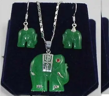 

Charming! Natural 14KGP Green Jade Elephant Pendant Necklace Earring Set