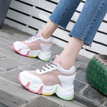 

2020 Designers Women Platform Sneakers Fashion Mesh 8cm Height Increasing Pink Chunky Casual Shoes Sports Vulcanized Shoes Woman