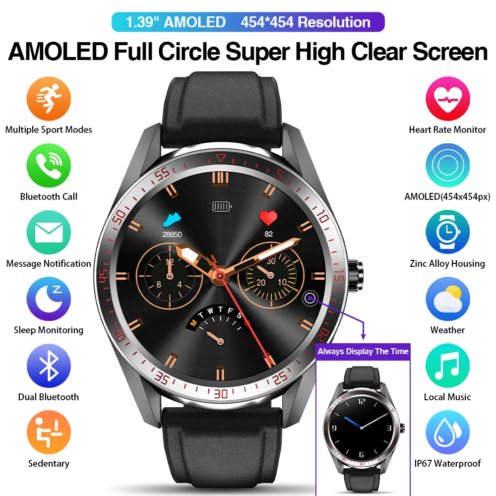 1.39inch AMOLED smart watch 454*454 screen Always display the time bluetooth call local music Weather smartwatch for men Android