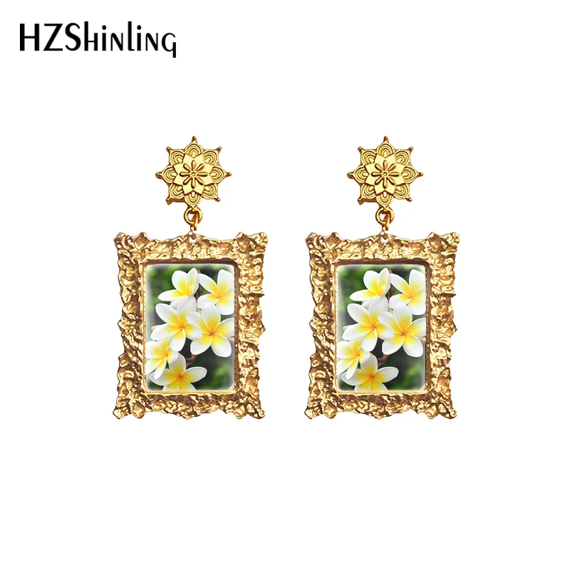Hawaiian Plumeria Dipinti Floreali Orecchini Pendenti Antichi Cabochon In Vetro Orecchini Pendenti Gioielli