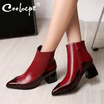 

Coolcept Sexy Pointed Toe Mixed Color Ankle Boots For Women Zipper Thick Heels Shoes Autumn Winter Woman Footwear Size 32-48