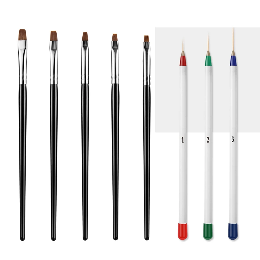 

New Wholesale 5Pcs+3Pcs Acrylic Nail Brush Crimped UV Poly Gel Brush Gel Builder Manicure Brush Flat Round Nail Brush