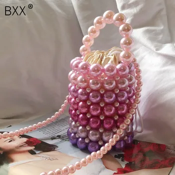 

[BXX] 2020 Pearl Evening Bag Women Retro Handmade Pearl Beaded Clutch Bucket Handbag Ladies Shoulder Bags Wedding Party HM012