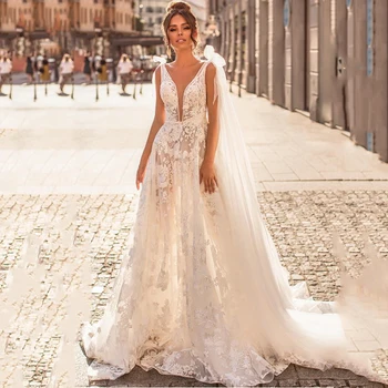 

Eightree Princess A Line Wedding Dress Lace Tulle Beach Boho Bride Dress Illusion Backless Appliques Wedding Gowns 2020