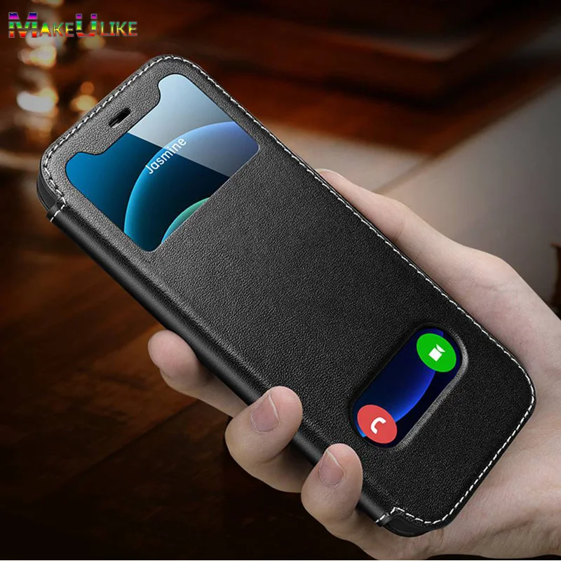 Magnetic Window  View Case For iPhone 12 Pro MAX 12 Mini Case Luxury Genuine Leather Flip Cover For iPhone 12Pro Max 12mini Case