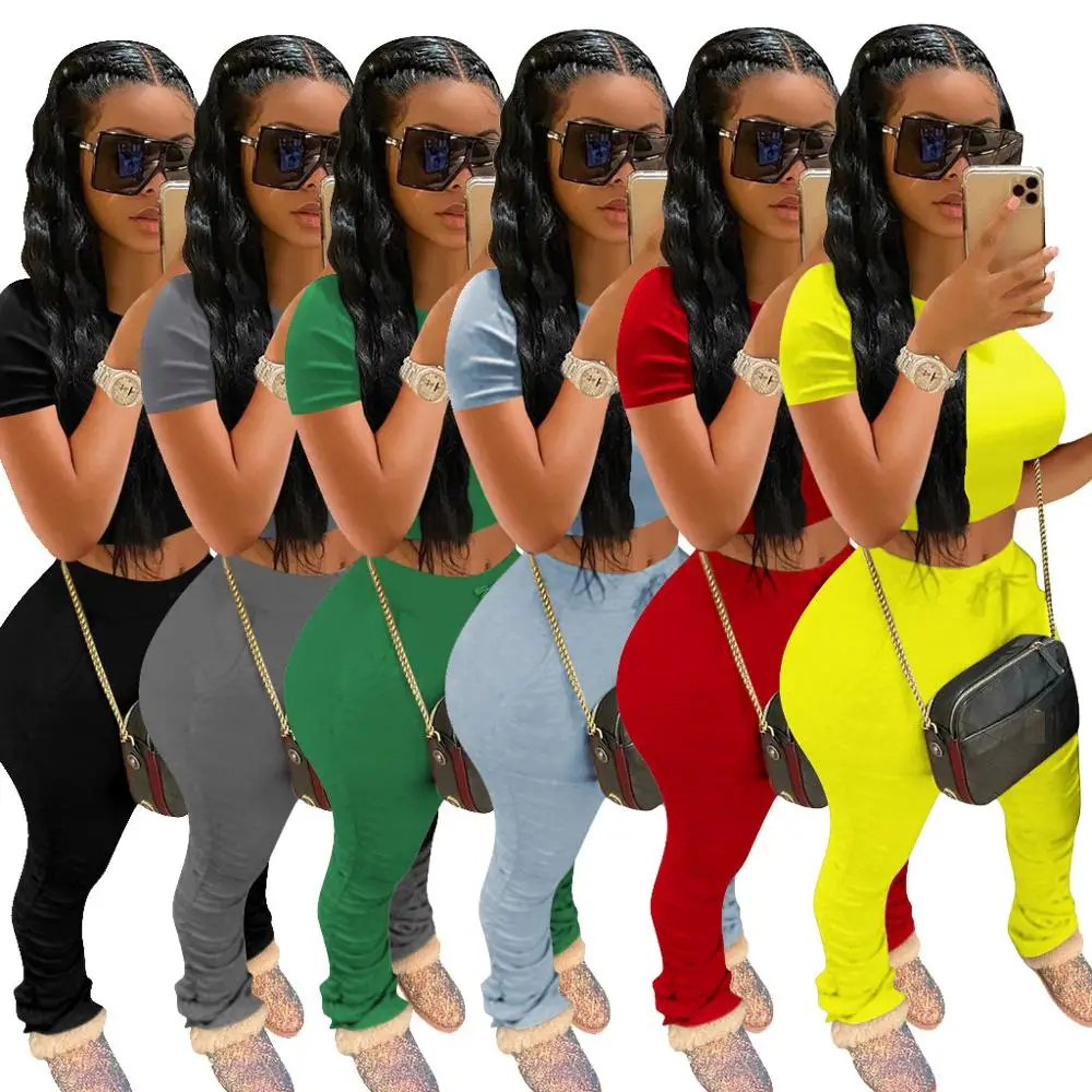 

Tracksuits stacked leggings stacked sweatpants Women Two Piece Set Crop Top + Flare Pants Stacked Joggers Bell Bottom Pants