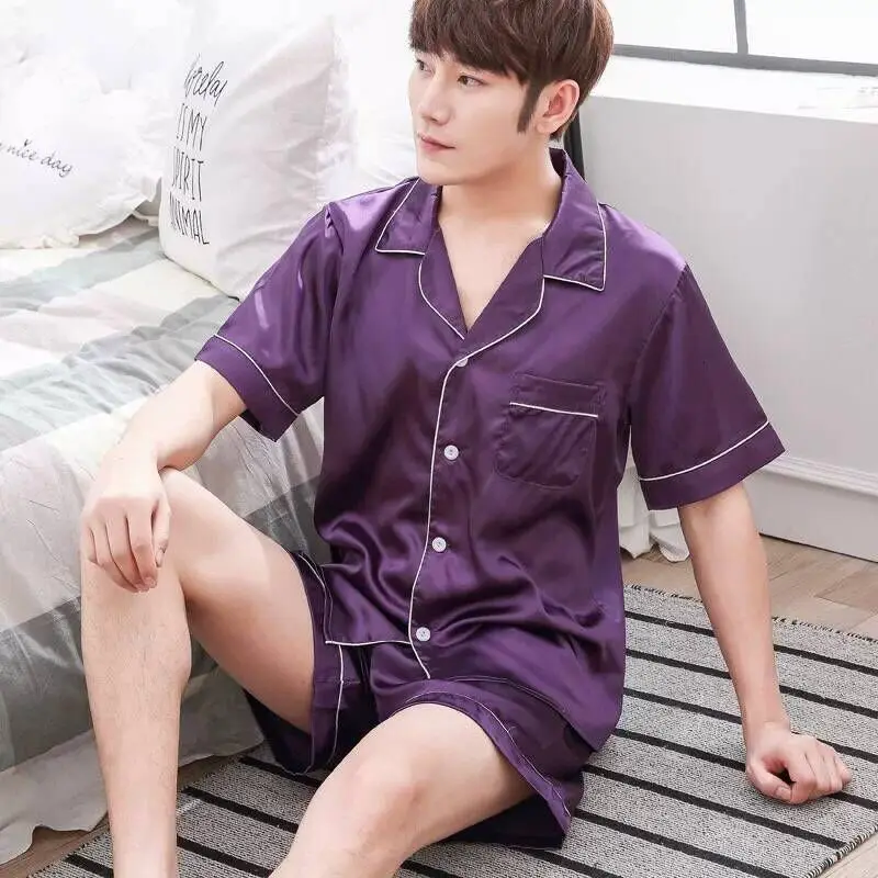 Осенне-летний мужской шелковый пижамный комплект, мужские пижамы, шелковые мужские сексуальные мягкие уютные атласные ночные рубашки, мужская пижама, комплект для отдыха - Цвет: short sleeve