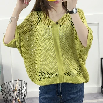 

Summer New Korean Loose Sweater 2020 Fashion Female Thin Section Sleeve Hollow Bat Sleeve Knitted Pullover 7846