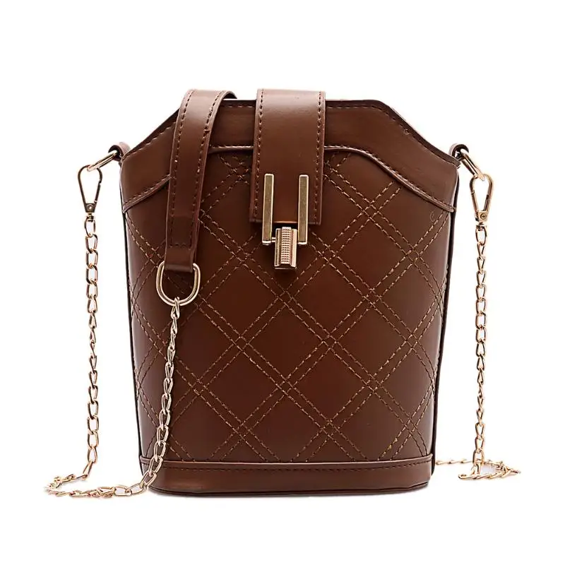 

Fashion Lattice Pattern Shoulder Messenger Bags Mini Casual Chain Bucket Handbags Solid Color Durable PU Leather Bag