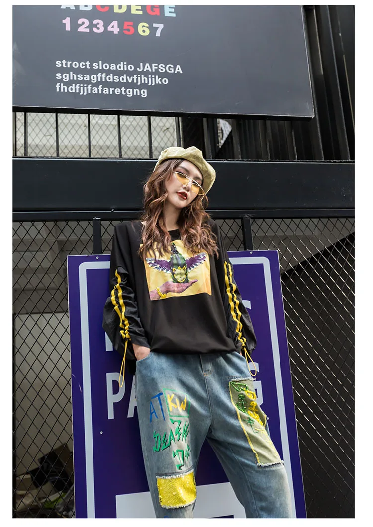 Harajuku свитер Модная европейская уличная Женская Лоскутная футболка с принтом винтажная Женская Осенняя рубашка LT297S30