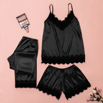 

#Z40 Summer Silk Pajamas for Women Lace Womens Pajama Set 2020 Pyjamas Women Satin Sleepwear Sets V-Neck Pijama Mujer 3 Pieces