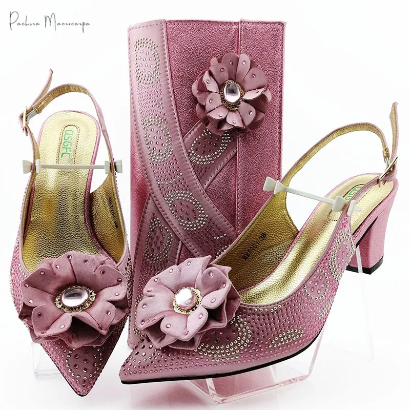 

2020 Lastest Pink Color Appliques Style Italian Design High Heels Women Shoes and Bag Set For Royal Party