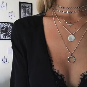 

ALYXUY Vintage Multilayer Choker Necklace Moon Star Pendant Necklace For Women Girls Bead Charm Chain Necklaces Fashion Jewelry