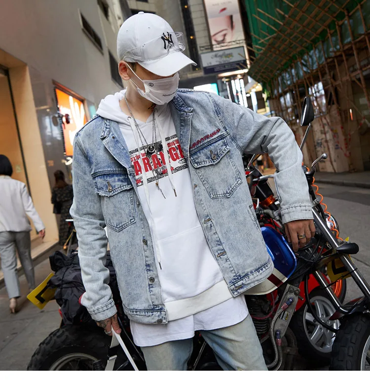Оригинальная джинсовая мужская Куртка Harajuku с вышитым драконом, Мужская Уличная джинсовая куртка в стиле хип-хоп, ВИНТАЖНАЯ ДЖИНСОВАЯ КУРТКА в красную полоску