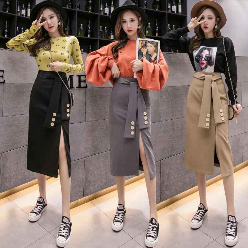 Осенняя Эстетическая Женская юбка с высоким разрезом, высокая талия, с поясом, нижняя длинная юбка с разрезом, зимние сексуальные женские юбки для похудения