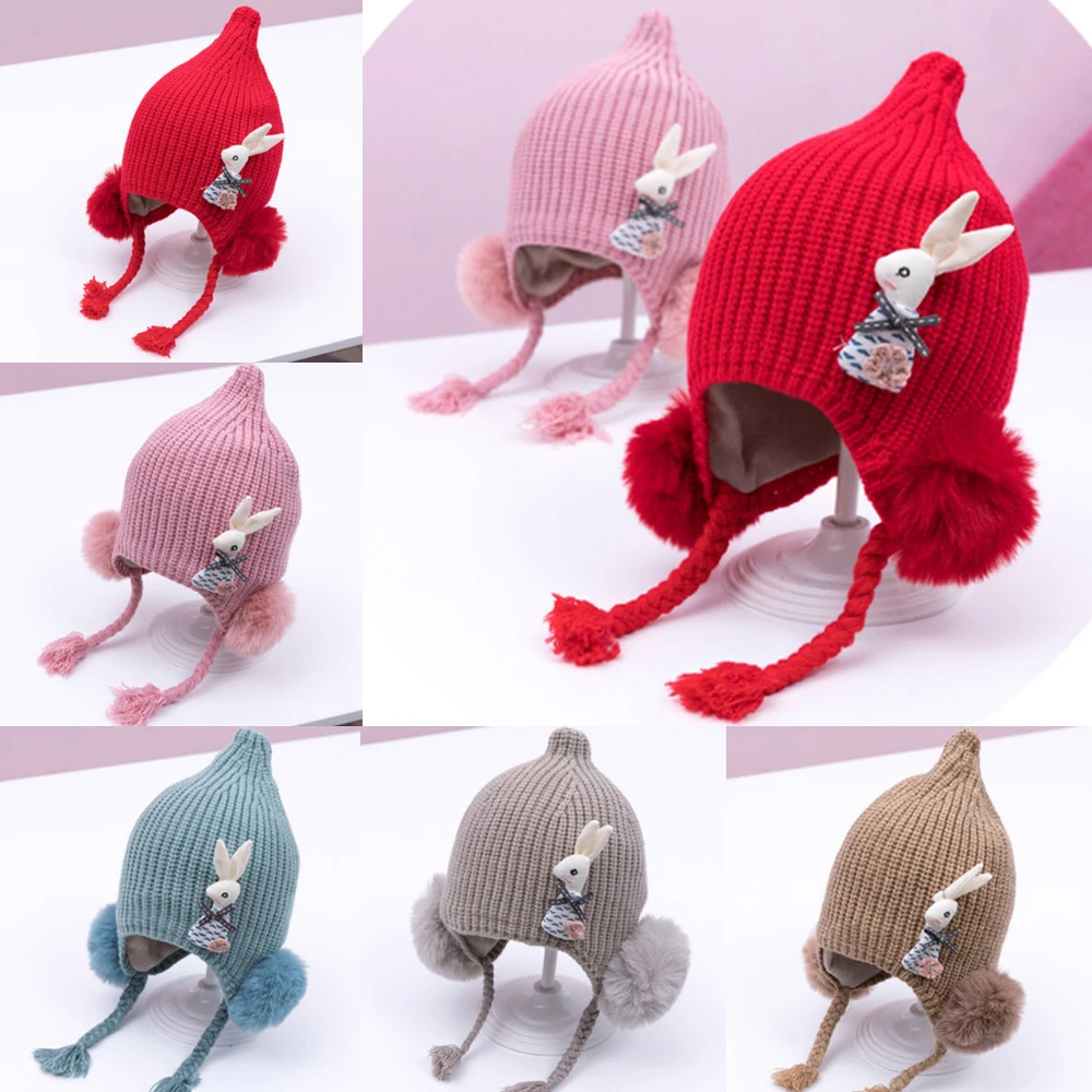 Брендовая детская шапка для детей 0-24 месяцев, детские зимние шапки для девочек и мальчиков, хлопковая плотная теплая вязаная шапка с ушками, помпоны-кролики из лисьего меха