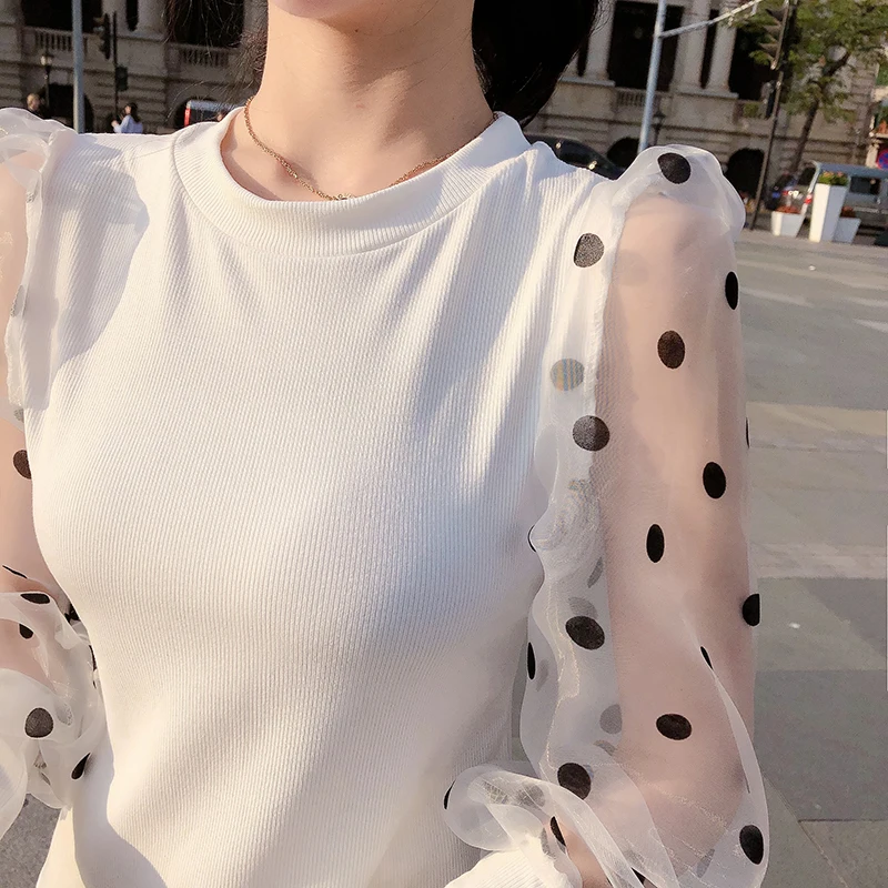 WENYIN tshirt Spring Fashion Polka dot Mesh Lantern Sleeve Patchwork Slim t shirt Women T-shirt Tops Long Sleeve Tees