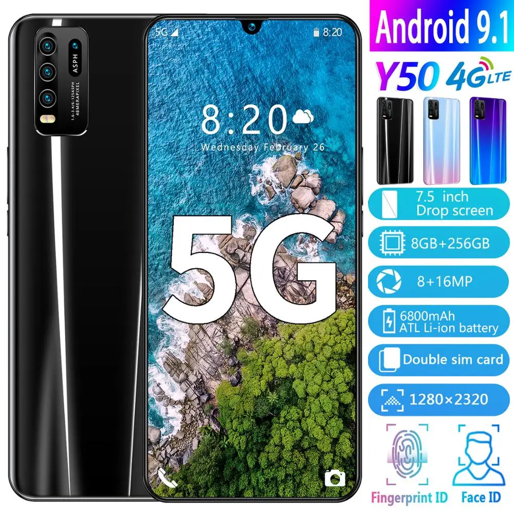 US $108.66 2020 New Global Version Y50 75 Inch Large Screen Smartphone Android Deca Core 8GB RAM 256GB ROM 6800mAh 4G LTE Moblie Phone