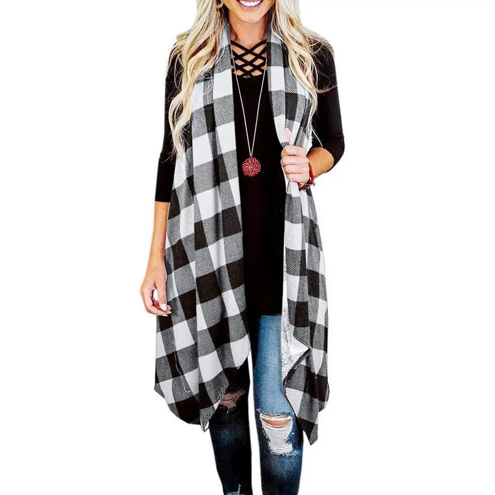 Online Womens Open Front Plaid Cardigan Coat With Pockets Ladies Sleeveless Irregular Hem Drape Lightweight Long Vest Jackets For 2019